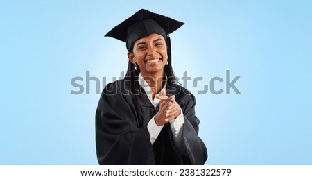 Graduation, education achievement and woman in portrait for success in learning on blue background. Mockup space, celebration and university graduate, certified with pride and knowledge in studio