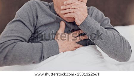 Sick, cough and closeup of senior man in bed with allergies, flu or cold on weekend morning at home. Illness, chest pain and zoom of elderly male person in retirement with asthma in bedroom at house. Royalty-Free Stock Photo #2381322661