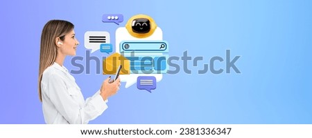 Smiling young woman portrait profile and hands using phone, chat bot icon with search bar, web page windows and speech bubbles on empty copy space background. Concept of virtual assistant