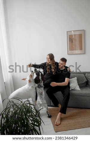 Couple in love, pregnant girl and guy with dogs in black clothes..