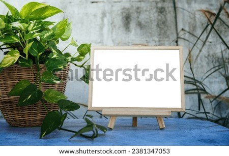 Picture frames placed on a cement table and small trees on the sides.