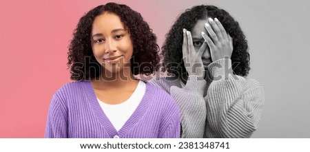 Happy, scared, sad millennial black lady feeling bad, cover face with hands on pink and gray background, studio, panorama. Mental problems, stress emotions, pms mood and depression Royalty-Free Stock Photo #2381348741