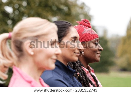 Side portrait of group of fitness mature women in a park. They are multiracial friends and only the black one is in focus. Motivation, happiness and overcoming concept. Royalty-Free Stock Photo #2381352743