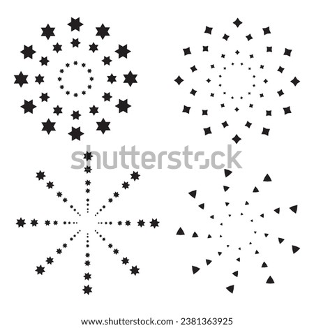 Set of firework icons. Fireworks with stars and sparks isolated on white background. Firework simple black line icons isolated on transparent background