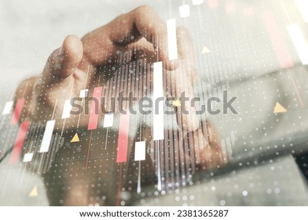 Abstract creative financial graph with world map and with finger clicks on a digital tablet on background, forex and investment concept. Multiexposure