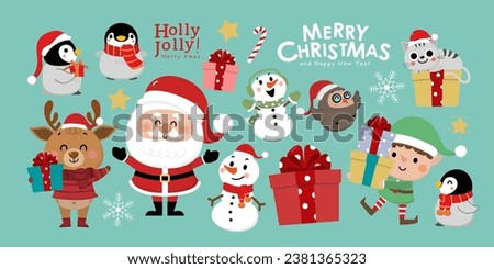 Santa Claus, deer, snowman, owl, penguin, elf, cat and xmas gift. Animal in winter costume and Christmas cartoon character. -Vector Royalty-Free Stock Photo #2381365323