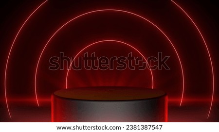  Red circle neon background with cylinder platform suitable for product placement Royalty-Free Stock Photo #2381387547