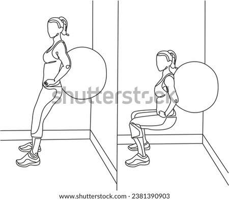 Swiss Ball Squats exercise Line Drawing isolated on copy space white background, Wall Squat With Stability Ball exercise editable vector illustration, Continuous one line drawing, work out clip art