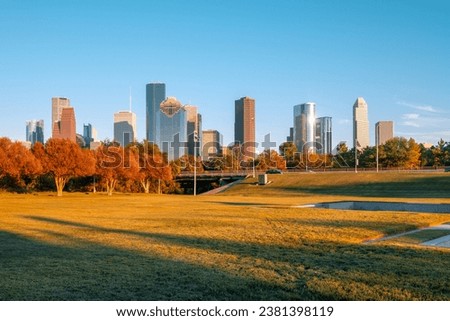 Houston downtown skyscrapers during sunset. Buffalo Bayou Park. Texas, USA