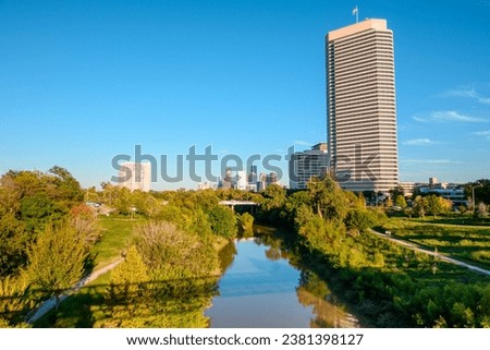 Houston downtown skyscrapers on a sunny day. Buffalo Bayou Park. Texas, USA