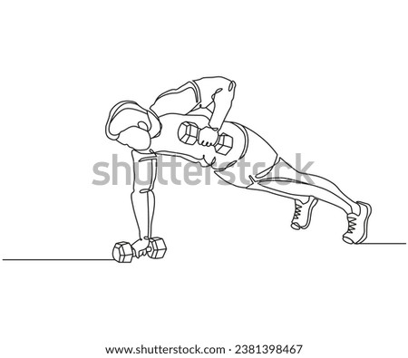 Renegade row exercise Line Drawing isolated on copy space white background, Dumbbell Renegade Row exercise editable vector illustration, Continuous one line drawing, work out clip art, Line art