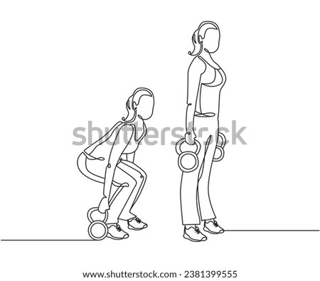 Kettlebell Suitcase pick up exercise Line Drawing isolated on copy space white background, Suitcase Deadlift exercise editable vector illustration, Continuous one line drawing, Line Art Illustration