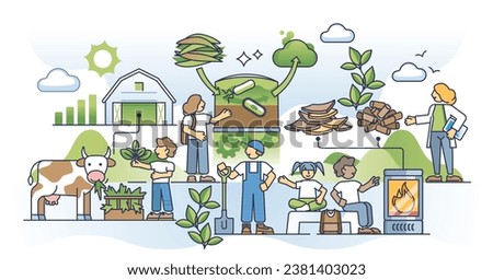 Educating on biomass and learning about recyclable energy outline concept. Teaching kids about sustainable and nature friendly heating method using agricultural organic materials vector illustration. Royalty-Free Stock Photo #2381403023