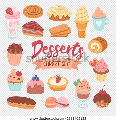 Dessert products isolated on white background. Cupcakes, sweets, ice creams, and pastries. Hand-drawn illustration. Isolated clip arts. Vector illustration. Set 1 of 2.