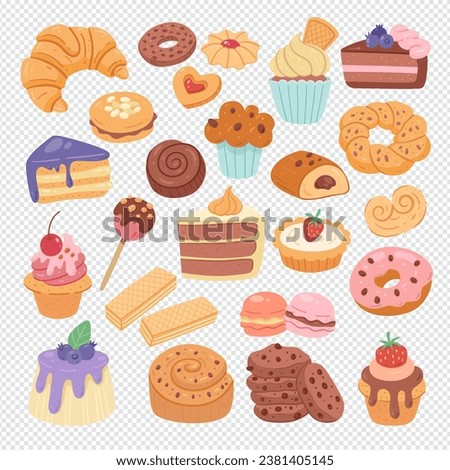 Dessert products isolated on white background. Cupcakes, sweets, ice creams, and pastries. Hand-drawn illustration. Isolated clip arts. Vector illustration. Set 2 of 2.