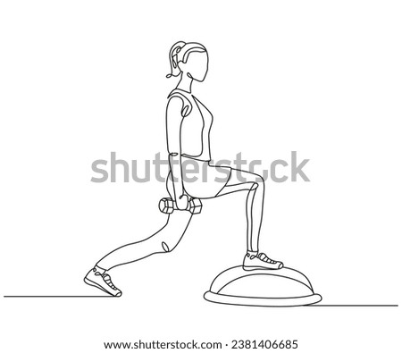 Bosu lunge exercise Line Drawing isolated on copy space white background, basic lunge exercise editable vector illustration, Continuous one line drawing, work out clip art, fitness line illustration