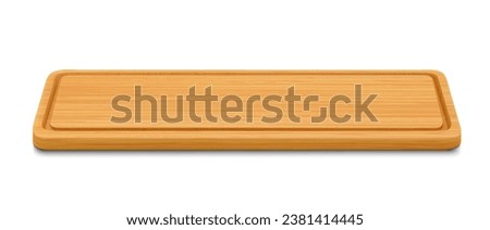 New rectangular wooden cutting board, side view, isolated on white background. Trays or plate of rectangular shapes, natural, eco-friendly kitchen utensils, realistic 3d vector illustration. Royalty-Free Stock Photo #2381414445