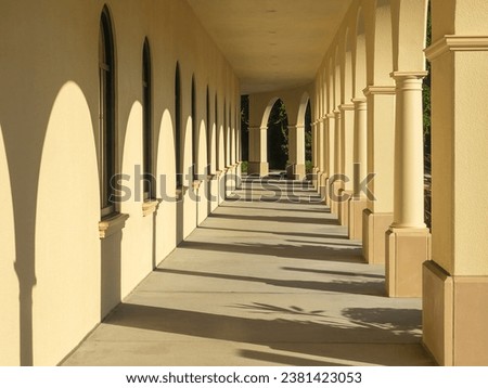 Perspective of a portico with morning shadows on the urban campus of a state university in southwest Florida, for motifs of architecture, symmetry, and design
