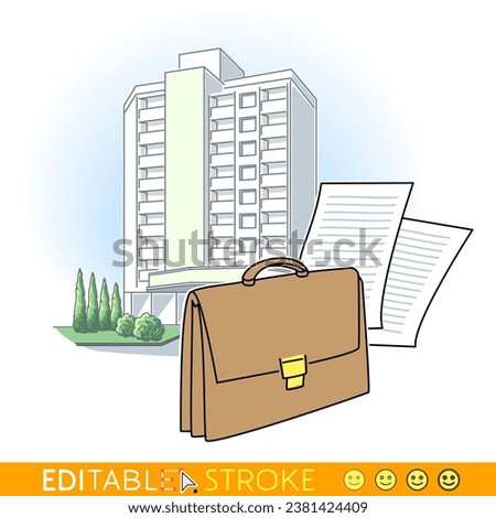 Briefcase and documents in front of a modern residential building. Real estate concept. Paperwork for mortgage or tenement. Sketch vector with editable stroke. Royalty-Free Stock Photo #2381424409