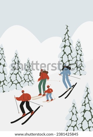 Winter season poster with people skiing, snowboarding, ice skating, sledding, winter activities printable card, mountain resort scene wall art print, Flat style vector illustration clipart.