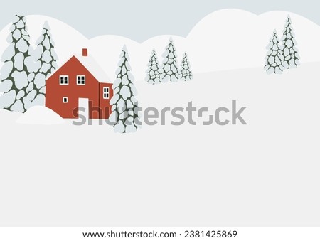 Winter snowy landscape clipart, scene background vector illustration, forest scenery wall art print, mountain village printable poster, winter season digital download card, house flat style images.