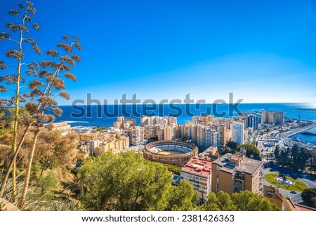 Malaga panoramic aerial view from the hill, Andalusia region of Spain Royalty-Free Stock Photo #2381426363