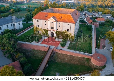 Aerial view about  Pipo Castle at Ozora, a tiny little village in Hungary. Royalty-Free Stock Photo #2381430437
