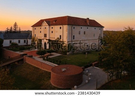 Aerial view about  Pipo Castle at Ozora, a tiny little village in Hungary. Royalty-Free Stock Photo #2381430439