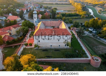 Aerial view about  Pipo Castle at Ozora, a tiny little village in Hungary. Royalty-Free Stock Photo #2381430441