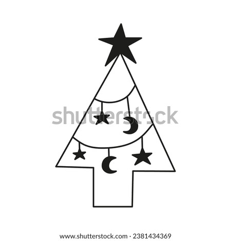 Doodle outline celestial fir tree with moon and stars isolated on white background.