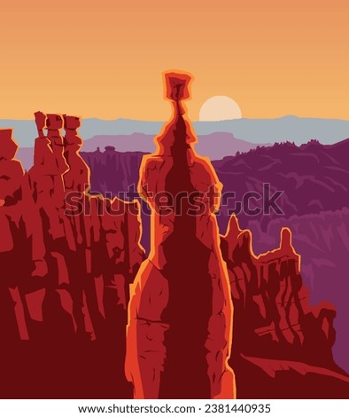Vector art of Bryce Canyon National Park with an iconic view of its red rocks, pink cliffs, and endless vistas. An illustration of for art prints, badges or designs. Royalty-Free Stock Photo #2381440935