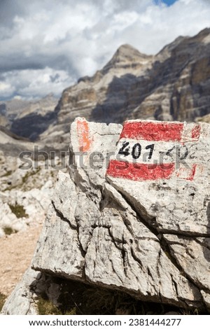 View from forcella Travenanzes, hiking trail number 401 Valley Val Travenanzes and rock face in Tofane gruppe, Alps Dolomites mountains, Fanes national park, Italy Royalty-Free Stock Photo #2381444277