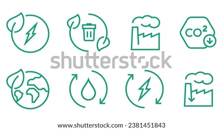 Vector editable stroke line designed icons depicting the concept of green energy and low carbon emissions Royalty-Free Stock Photo #2381451843