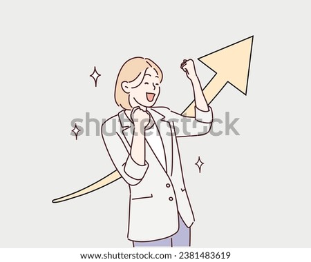 Business Woman Excited Hold Hands Up Raised Arms, Businesswoman Concept Winner Success Vector Illustration. Hand drawn style vector design illustrations. Royalty-Free Stock Photo #2381483619