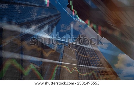 Abstract glowing big data forex candlestick chart on blurry city backdrop. Trade, technology, coins, investment and analysis concept. Double exposure
