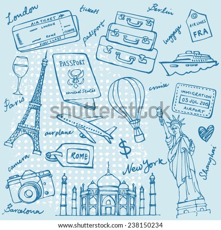 Travel theme doodle vector set grunge background