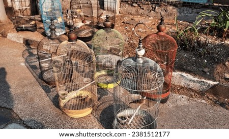 An image of several bird cages drying on the side of the road. No people. Selective focus. Wide view