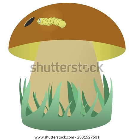 Mushroom in the grass with a worm on the cap, fall. Vector color drawing