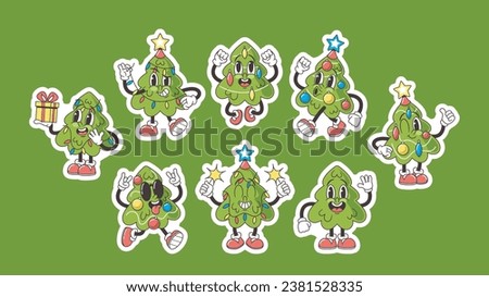 Set Of Stickers With Cartoon Retro Christmas Tree Characters In Groovy Style With Colorful Ball Decorations, And Lights