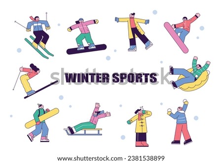 People are enjoying winter sports. Skiing, ice skating, snowboarding, sledding