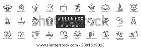 Wellness, wellbeing, mental health, healthcare. Set of line icons. Editable stroke  Royalty-Free Stock Photo #2381539823
