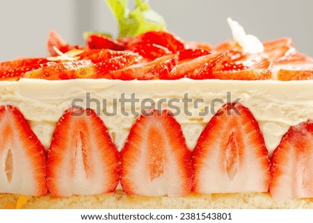 Delicious Fraisier Cake with a Genoese Sponge and Diplomat Cream, decorated with fresh strawberries and topped with Panna Cotta.  Royalty-Free Stock Photo #2381543801