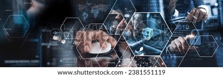 Cyber security network, privacy data protection concept. Computer programmer team with network security system, software development, data encryption, innovation cybersecurity technology background Royalty-Free Stock Photo #2381551119