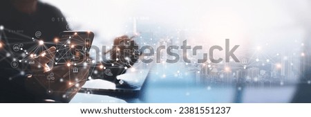 Internet of Things IoT, digital marketing, E-commerce, global business concept. Man using mobile phone and laptop computer with digital technology, internet network connection, social media marketing Royalty-Free Stock Photo #2381551237