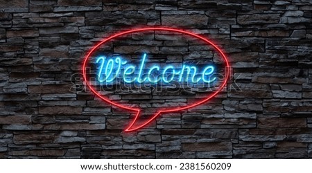 Welcome neon lettering. Shiny invitation calligraphy. Light quote. Online messaging. Outer glowing effect banner. Social media message. Luminous signboard. Editable stroke. Vector stock illustration.