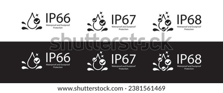IP66, IP67 and IP68 Waterproof rating, water protective capability. Water and dust protection, water resistance level icon and symbol. Vector. Royalty-Free Stock Photo #2381561469