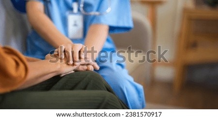 Nurse and doctor with senior patient, empathy and trust for surgery, psychology and healthcare consulting. Closeup psychologist, caregiver and volunteer support, help and hope of mental health Royalty-Free Stock Photo #2381570917