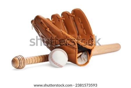 Wooden baseball bat, ball and glove isolated on white