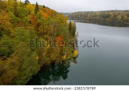 Aerial autumn fall view Green Lakes, Balsys Lake (Žalieji Ežerai) Vilnius, Lithuania