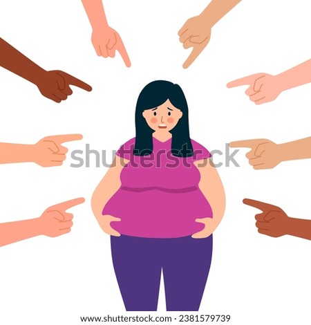 People fingers pointing at fat woman flat vector illustration. Society blaming and bullying depressed obese girl. Obesity, social pressure concept. Royalty-Free Stock Photo #2381579739